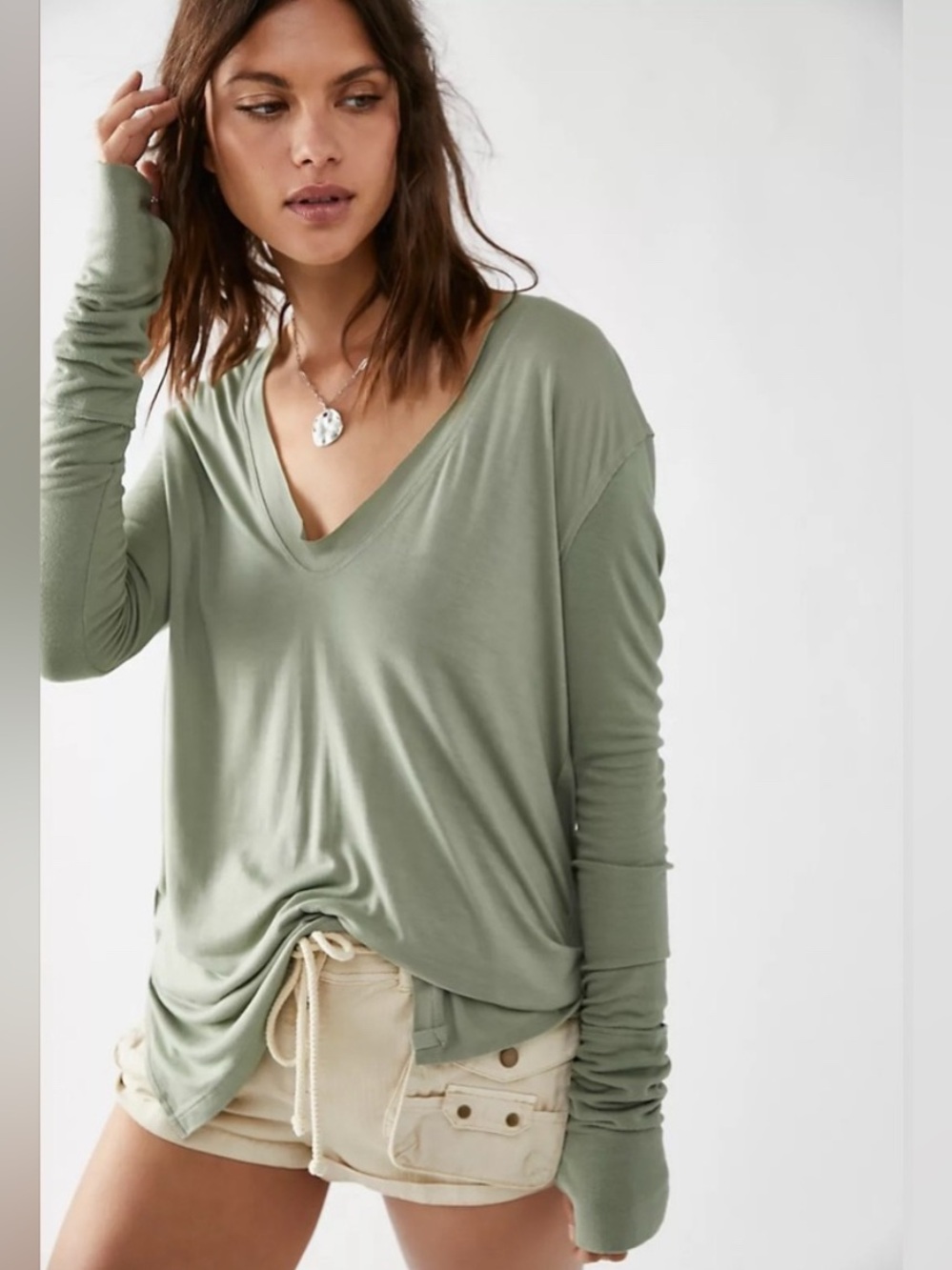 Free People Sage Green Long Sleeve V-Neck Tee - Size: M